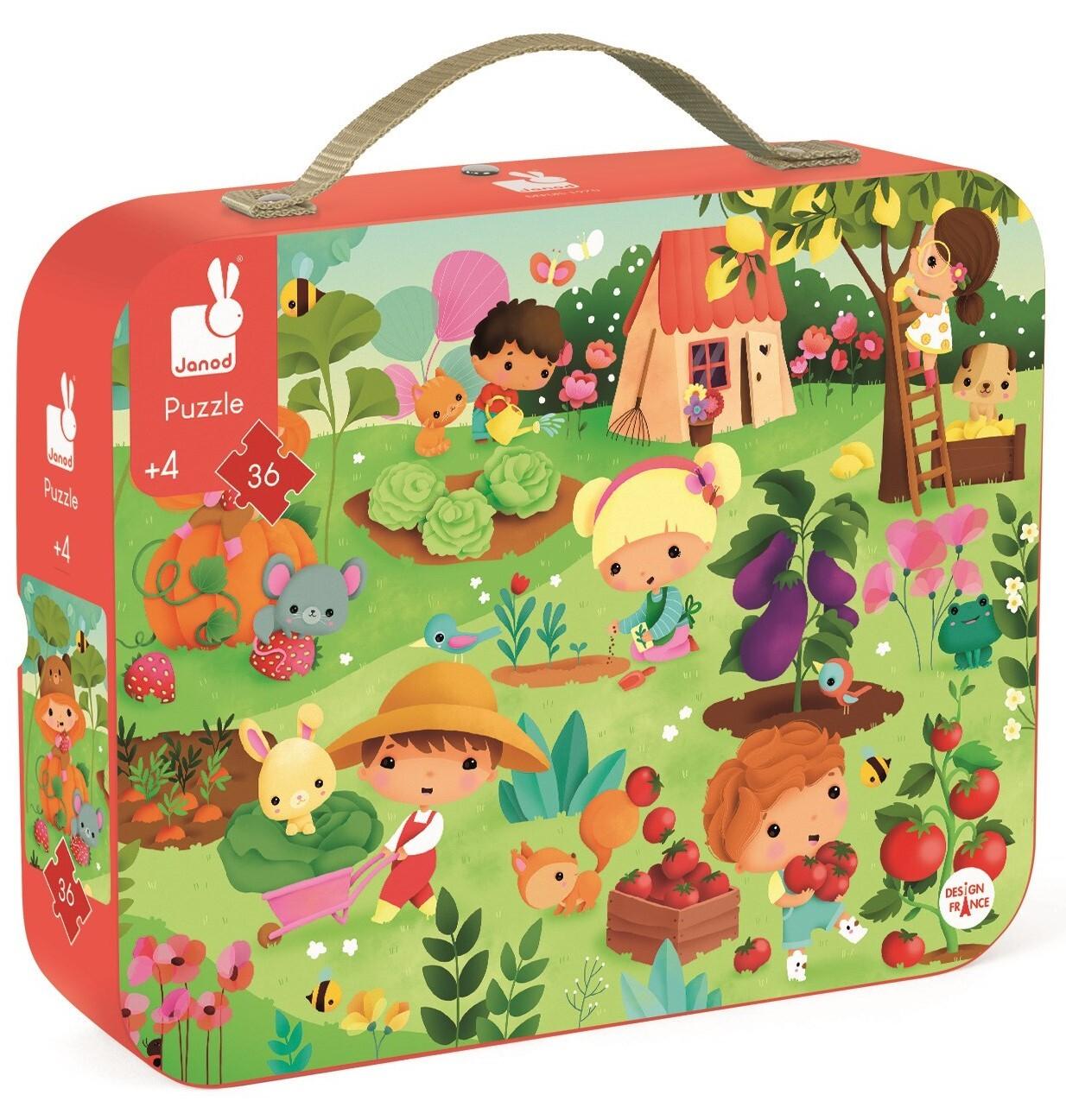 Puzzle w walizce Ogród 36 el. - kolorowy, francuski produkt Janod dla  dzieci od 4 lat - idealny prezent!