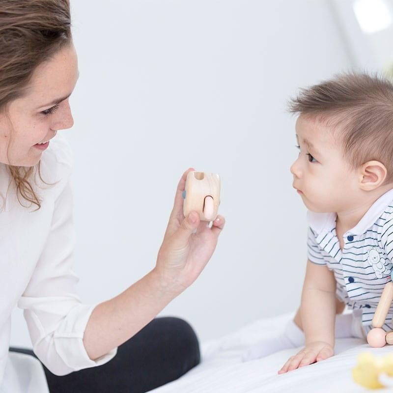 Plan Toys: pastelowa zabawka dla niemowląt Peek-a-Boo Roller - Noski Noski