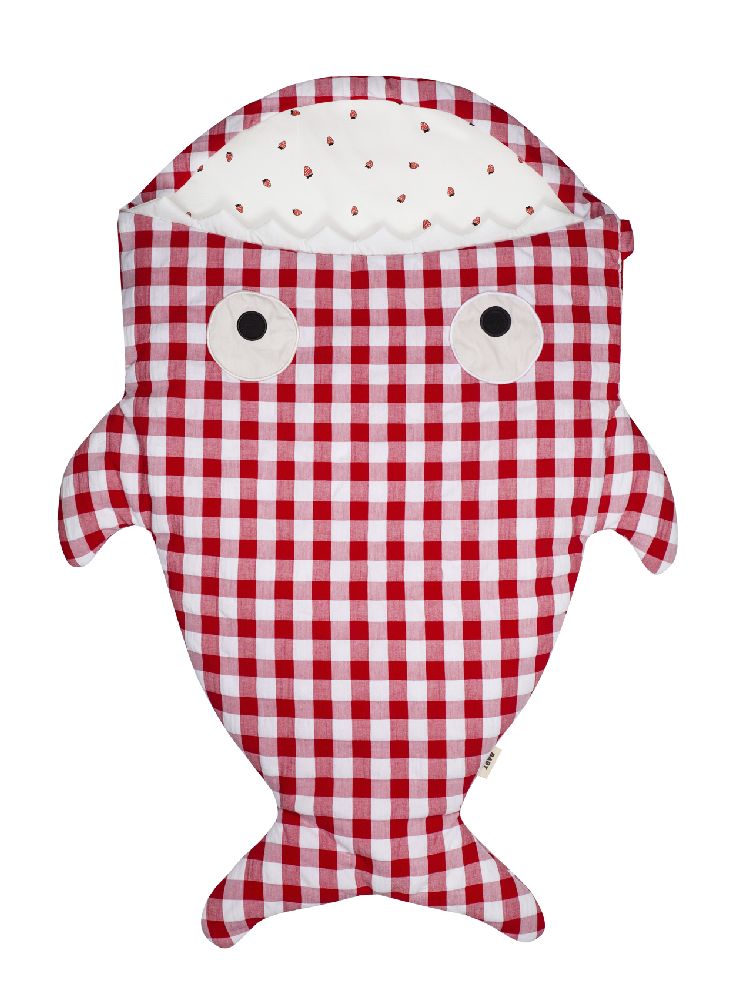 Śpiworek do spania Baby Bites Shark Red Vichy 1-18 m, idealny do wózka i spacerówki, cieplutki i przytulny dla dziecka.