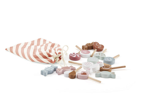 Zestaw drewnianych cukierków Kid's Concept, 15 kolorowych elementów w bawełnianej torbie, idealne do zabawy w sklep lub dom.