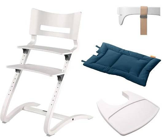Leander - Classic ™ стілець для годування, білий + бар'єр, лоток, темно -синя подушка - набір