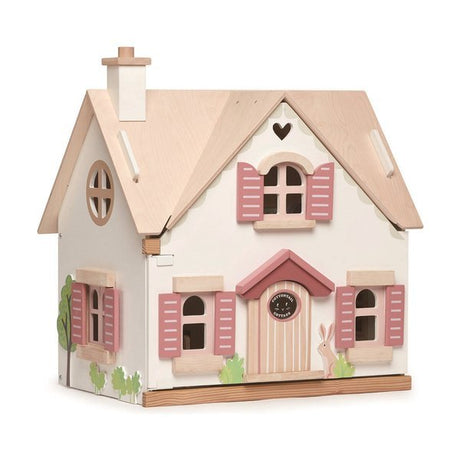 Drewniany domek dla lalek Tender Leaf Toys z mebelkami i króliczkiem, dwupiętrowy, z drewna kauczukowego, idealny do zabawy