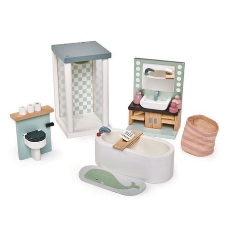 Drewniane mebelki dla lalek do łazienki Tender Leaf Toys - idealne do domku dla lalek, zachwycające detale, kreatywna zabawa.