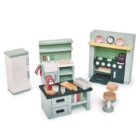 Drewniane mebelki do domku dla lalek Tender Leaf Toys - kompletna kuchnia, akcesoria, wysoka jakość, naturalne materiały.