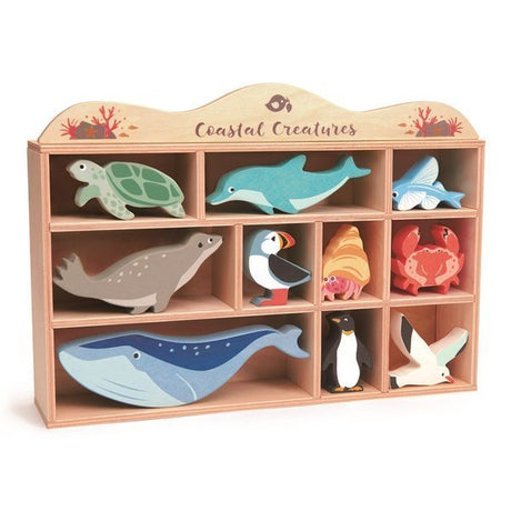 Kolorowe, drewniane figurki zwierząt morskich Tender Leaf Toys, idealne do kreatywnej zabawy i rozwoju dziecka.