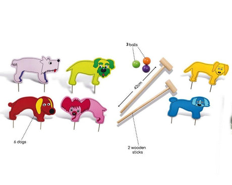 Gra krykiet BS Toys Zwierzęta z 6 pieskami, 2 piłeczkami i 2 kijkami - idealna na rodzinne popołudnia w parku i ogrodzie.