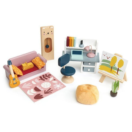 Drewniane mebelki do domku dla lalek Tender Leaf Toys pokój młodzieżowy z kanapą, biurkiem, sztalugą i gitarą