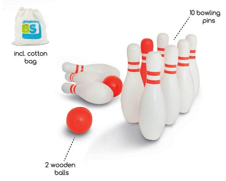 Kręgle dla dzieci Bs Toys biało czerwone, zestaw drewniany z piłeczkami i workiem, gra w kręgle rozwijająca koordynację.