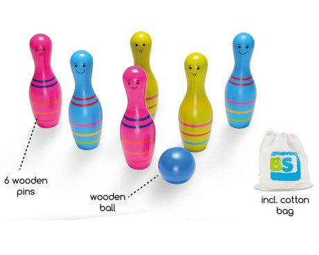 Kolorowe drewniane kręgle dla dzieci Bs Toys, idealne do rodzinnej gry w kręgle, z bawełnianym woreczkiem.