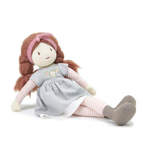 Miękka lalka Threadbear Design Alma, w szarej sukience, idealna zabawka dla dziewczynek, świetna do przytulania.