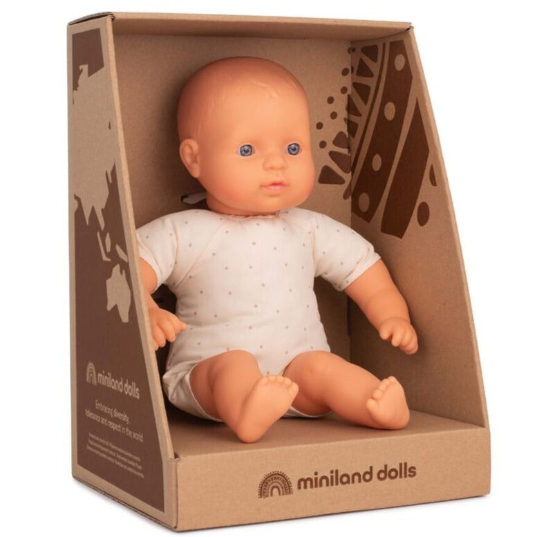 Miniland: muñeca Bobas con un relleno suave en europeo de 32 cm