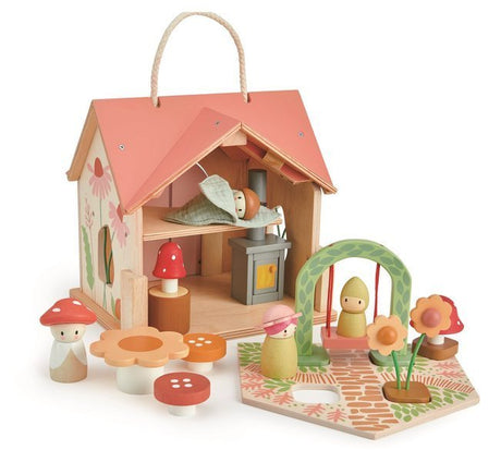 Dwupiętrowy domek dla lalek Tender Leaf Toys Leśny przenośny z wyposażeniem, lalkami i motywem kwiatowym, idealny do zabawy.