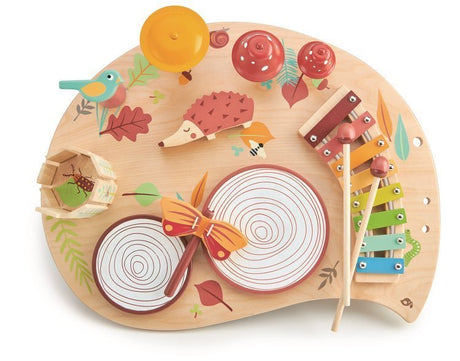 Drewniany Stolik Muzyczny Tender Leaf Toys z ksylofonem i innymi instrumentami, idealny edukacyjny zestaw dla dzieci.