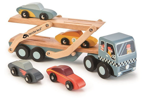 Drewniana laweta Tender Leaf Toys z ruchomą platformą i kolorowymi samochodzikami dla dzieci, wykonane z kauczuku.