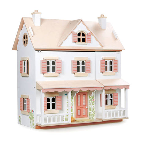 Drewniany trzypiętrowy domek dla lalek Tender Leaf Toys w stylu kolonialnym, idealny do kreatywnej zabawy.