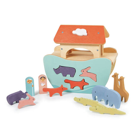 Drewniana Arka Noego Tender Leaf Toys z kolorowymi figurkami zwierząt, idealna jako sorter dla dzieci, rozwija zdolności manualne.