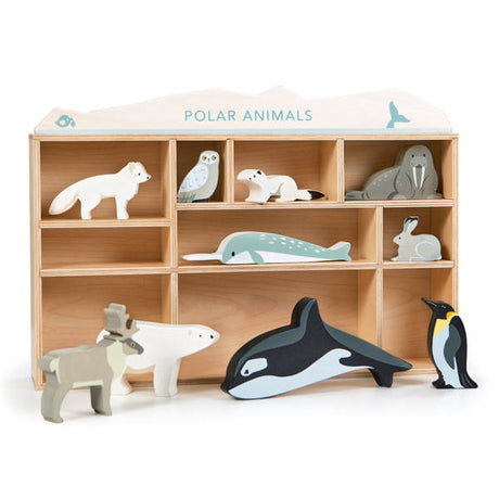 Drewniane figurki zwierząt polarnych Tender Leaf Toys – zestaw 10 wytrzymałych zwierzątek z biegunów, edukacyjne i trwałe.