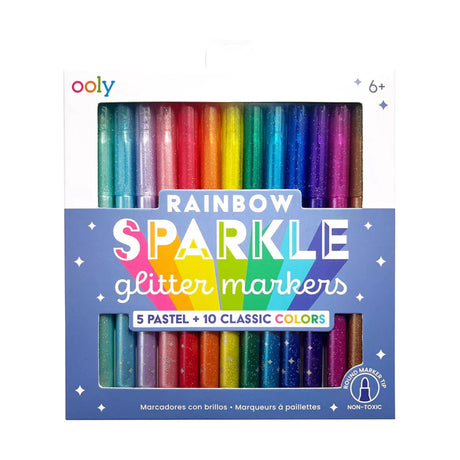 Pisaki brokatowe Ooly Rainbow Sparkle, zestaw 15 flamastrów w tęczowych i pastelowych kolorach, idealne dla kreatywnych dzieci.