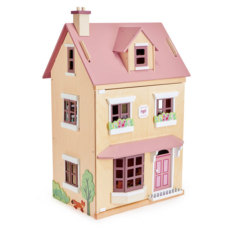 Drewniany domek dla lalek Tender Leaf Toys Foxtail Villa, trzypiętrowy, stylowo urządzony z pełnym wyposażeniem.