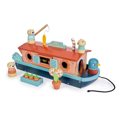 Drewniany domek dla lalek Tender Leaf Toys Misia rodzina na łodzi, z realistycznymi detalami i trzema uroczymi Misiami.