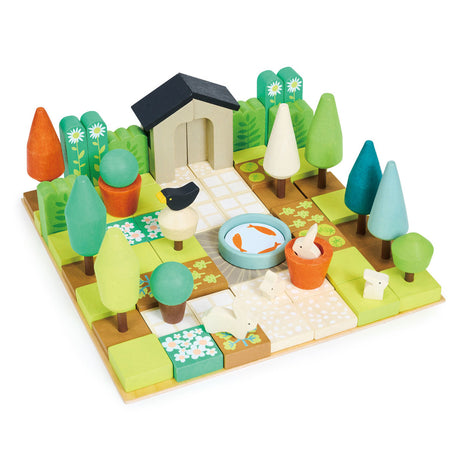Kreatywny zestaw drewnianych klocków do stworzenia ogrodu Tender Leaf Toys, idealny dla dzieci.