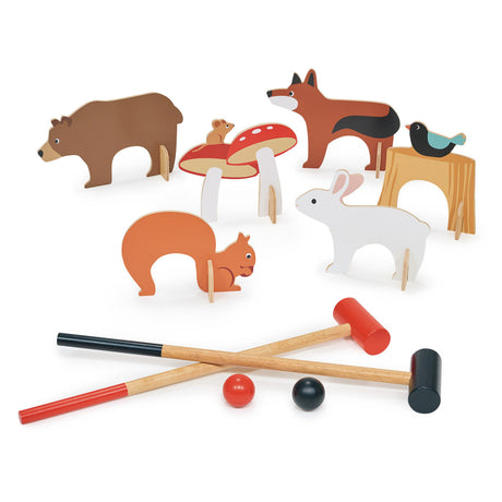 Drewniany zestaw do gry w krykieta Tender Leaf Toys dla całej rodziny z leśnymi obręczami, rozwija koordynację oko-ręka.