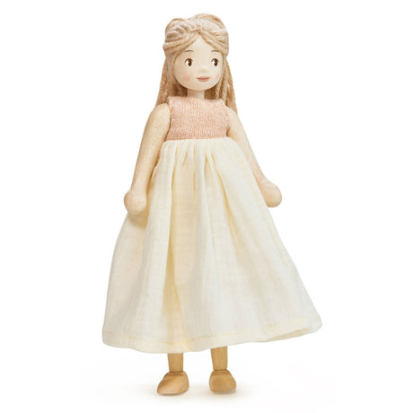 Drewniana lalka Ferne 25 cm dla dziewczynek, wytrzymała z ruchomymi kończynami i wełnianymi włosami - zabawki dla dzieci.
