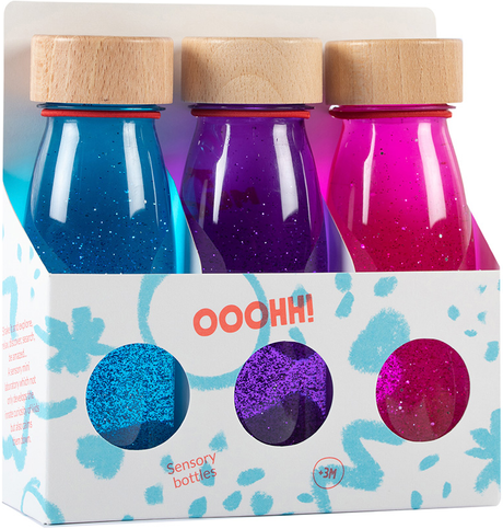 Kolorowe butelki sensoryczne Petit Boum Float dla niemowląt, idealne do nauki, zabawy i rozwoju wyobraźni malucha.