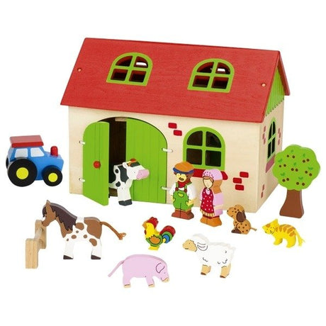 Farma zabawka Goki 13 elementów - obora, figurki zwierząt, kreatywna zabawa dla dzieci, wymiary 19,3x13,5x14,3 cm