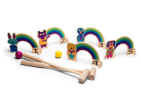 Krykiet Bs Toys Tęczowy Drewniany - kolorowa gra rodzinna, zapewniająca sportową rozrywkę i ćwiczenie celności.