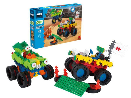 Klocki konstrukcyjne dla dzieci Plus Plus Mini Mix Monster Trucks 600 szt., 2 auta, rampy, akcesoria, kreatywna zabawa