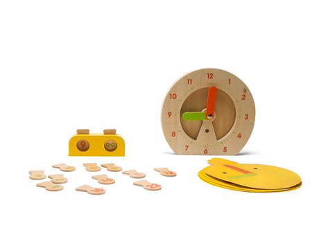 Zegar do nauki godzin Bs Toys - gra edukacyjna, drewniany zegar analogowy i cyfrowy z planszami i żetonami.
