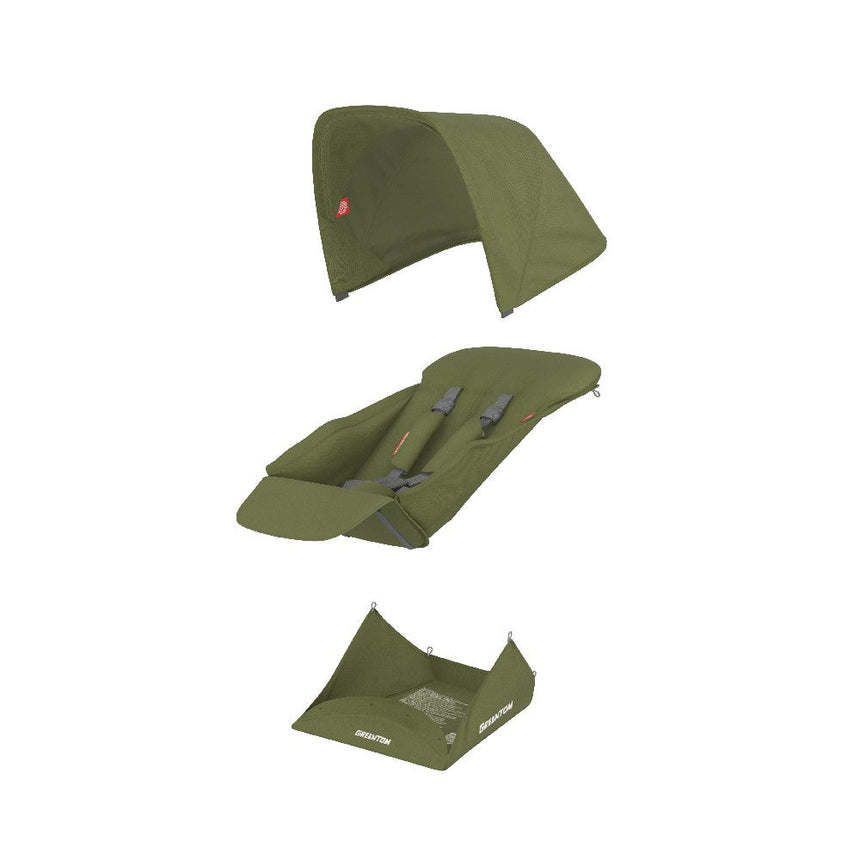Ekologiczna tapicerka do wózka dziecięcego Greentom Reversible v2.1 Olive, łatwa w czyszczeniu, UPF 50+, wygodna i bezpieczna.