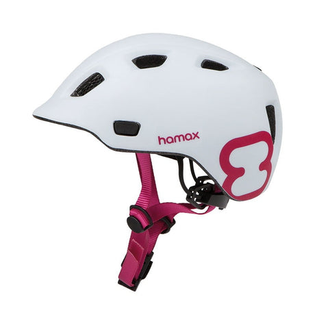 Kask rowerowy dla dzieci Hamax 47-52 biało-różowy, z nowoczesnym designem, wygodnym zapięciem i doskonałą wentylacją.