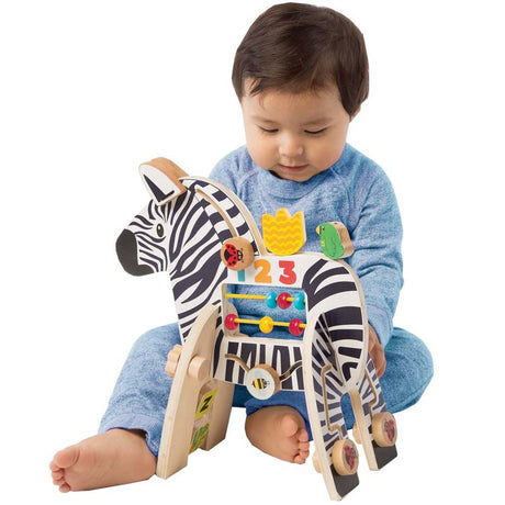 Drewniana kostka edukacyjna Zebra-Manhattan Toy. Sensoryczna zabawka z ruchomymi elementami wspiera rozwój malucha.