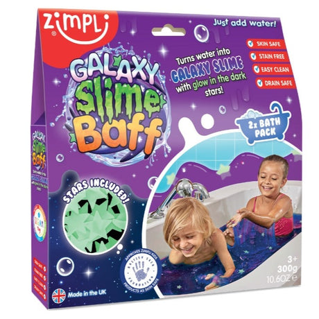 Zestaw do robienia slime Zimpli Kids Galaxy Baff - kosmiczna zabawa z błyszczącym slime'em i świecącymi gwiazdkami dla dzieci.
