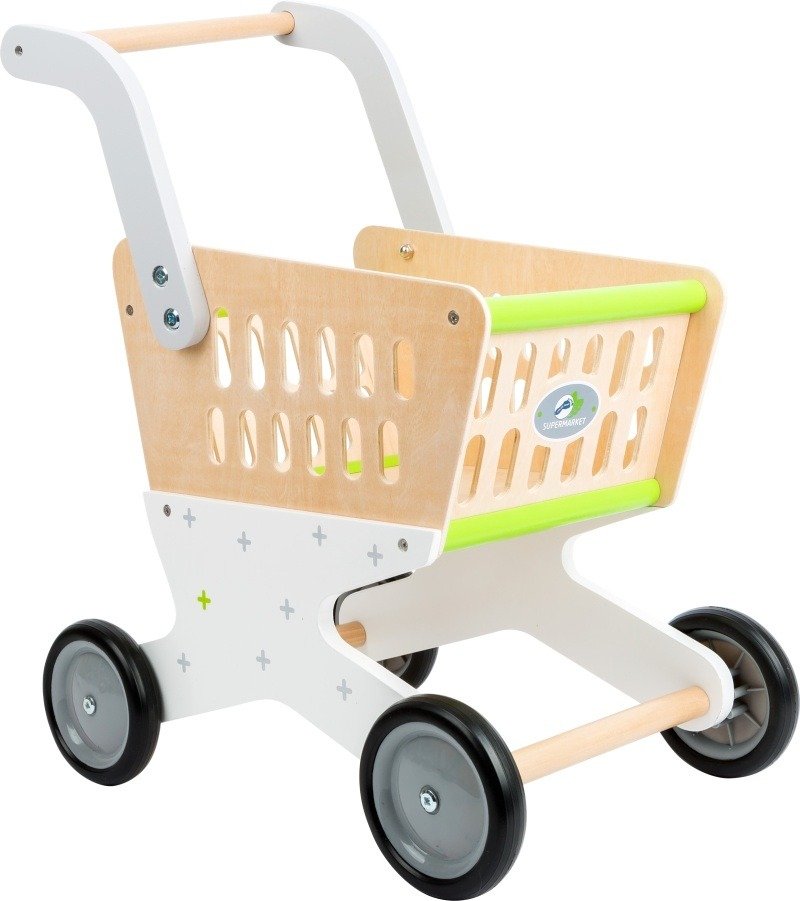 Drewniany wózek na zakupy Small Foot Market z ergonomicznymi uchwytami i gumowanymi kółkami dla dzieci.