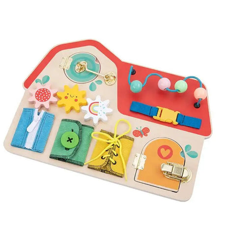 Tablica manipulacyjna Montessori Tooky Toy drewniana zamki zębatki pętle
