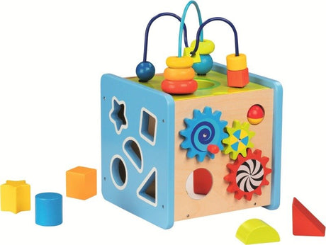 Drewniana kostka edukacyjna Goki Motoro: zabawka sensoryczna dla rozwoju zmysłów i umiejętności motorycznych dzieci.