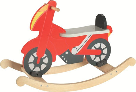 Drewniany konik na biegunach Goki Motor Red, bezpieczny bujak dla dziecka, rozwija jego równowagę i koordynację ruchową.
