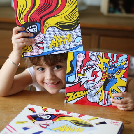 Kolorowanki Djeco Super Heroes, zestaw kreatywny dla dzieci z flamastrami, inspirowany Pop Artem Roy Lichtensteina