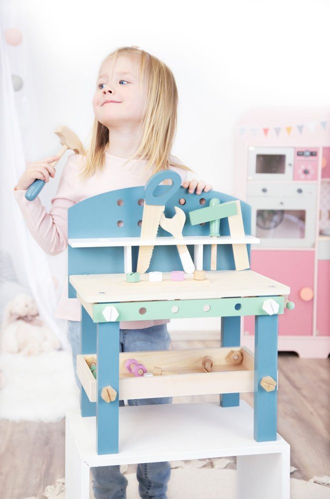Warsztat dla dzieci Small Foot Nordic Compact drewniany z narzędziami, akcesoria, pastelowe kolory, kreatywna zabawa.