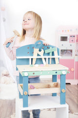 Warsztat dla dzieci Small Foot Nordic Compact drewniany z narzędziami, akcesoria, pastelowe kolory, kreatywna zabawa.