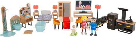 Drewniany domek dla lalek Small Foot Nowoczesny z zestawem mebli, 31 gustownych elementów dla stylowej i ciekawej zabawy.