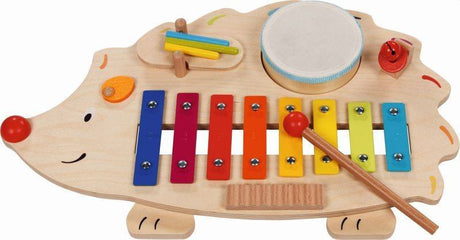 Drewniany jeżyk muzyczny Goki z cymbałkami, dzwoneczkami i bębenkiem rozwija zdolności muzyczne dzieci.