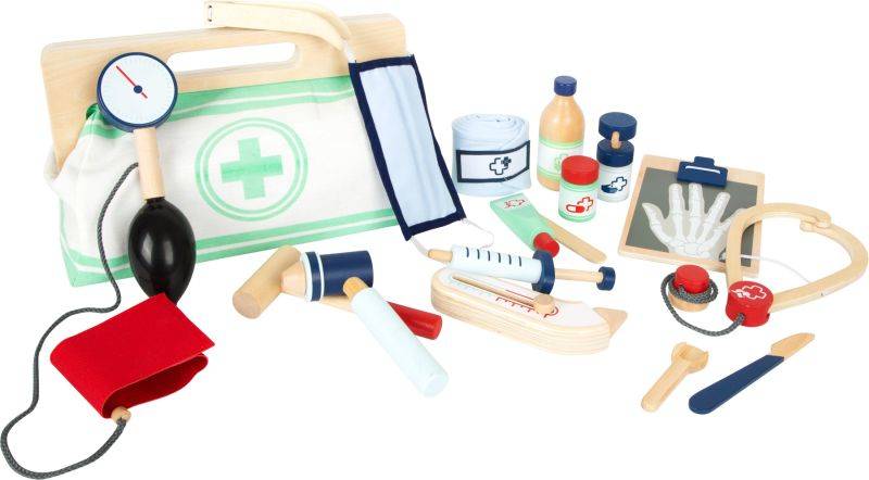 Zestaw lekarski dla dzieci Small Foot: realistyczne drewniane akcesoria medyczne w praktycznej torbie, idealne do zabawy.