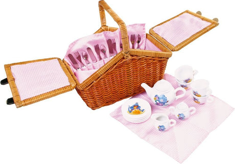 Koszyk piknikowy dla dzieci Small Foot Romantik, wiklinowy, różowa kratka, idealny na wycieczki i zabawy z lalkami.
