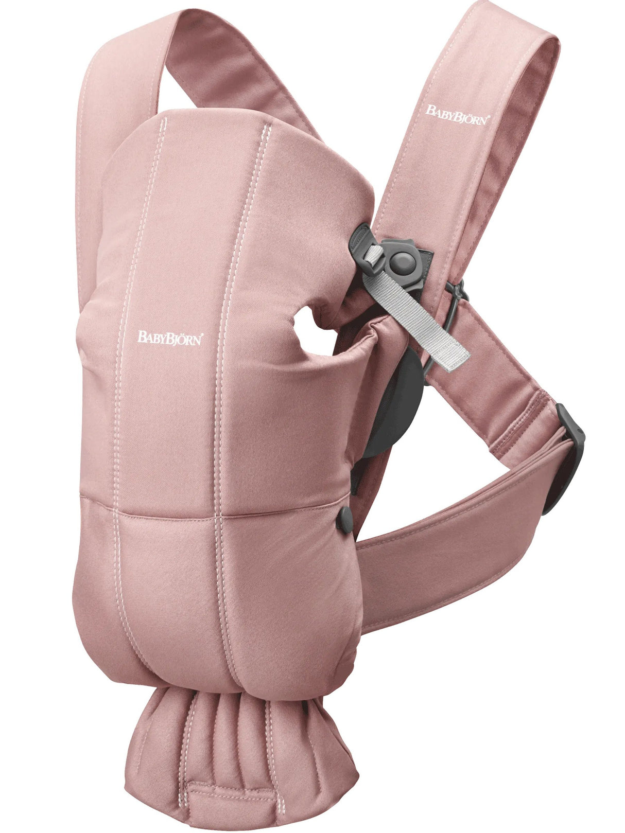 Nosidełko dla dziecka Babybjorn Mini Woven Zgaszony Róż, idealne dla niemowlaka, miękkie i elastyczne, zapewnia przytulność.