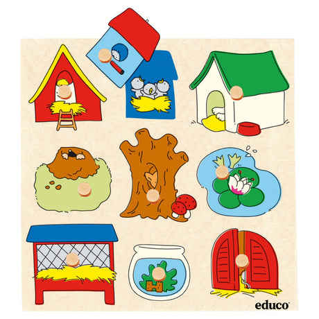 Puzzle drewniane Educo Knob Surprise Animal Houses, edukacyjna układanka dla dzieci rozwijająca wyobraźnię i zdolności manualne.