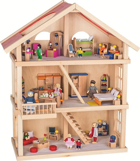 Duży trzypiętrowy domek dla lalek z balkonem - idealny dla małych fanek lalek Barbie i kreatywnej zabawy.